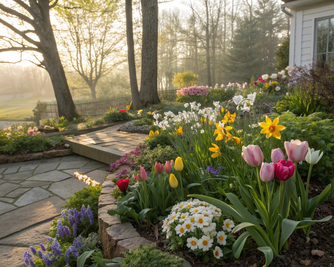 Spring garden beds come alive with early bloomers like tulips and pansies, signaling a new season.